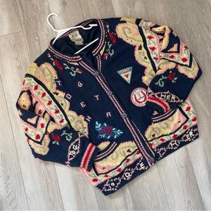 Vintage Embroidered Cardigan ramie cotton womens Navy Blue medium eclectic 90s